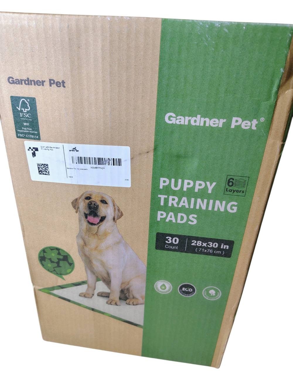 Amazon Gardner Pet Puppy Training Pads - Green and Brown Packaging